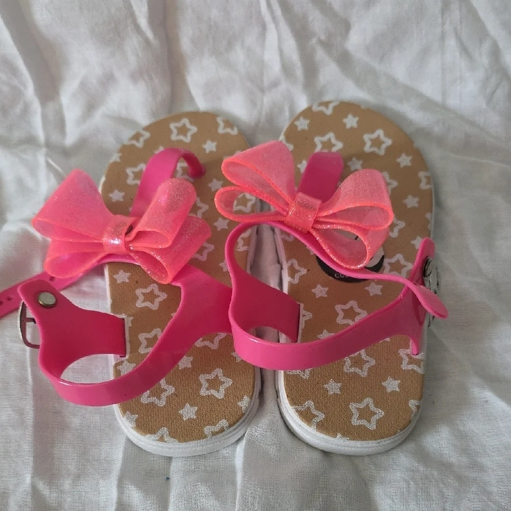 (J36) Wonder Nation Pink and Tan Sandals T-Strap Bow Design